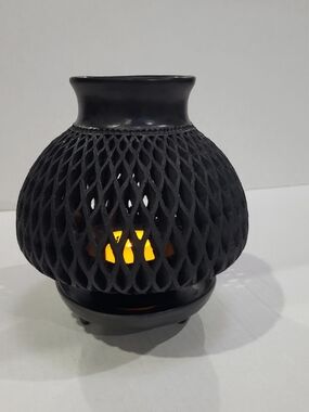 Oaxaca Art Pottery Barro Negro Mexico Hand Carved Black Clay Round Candale Lamp